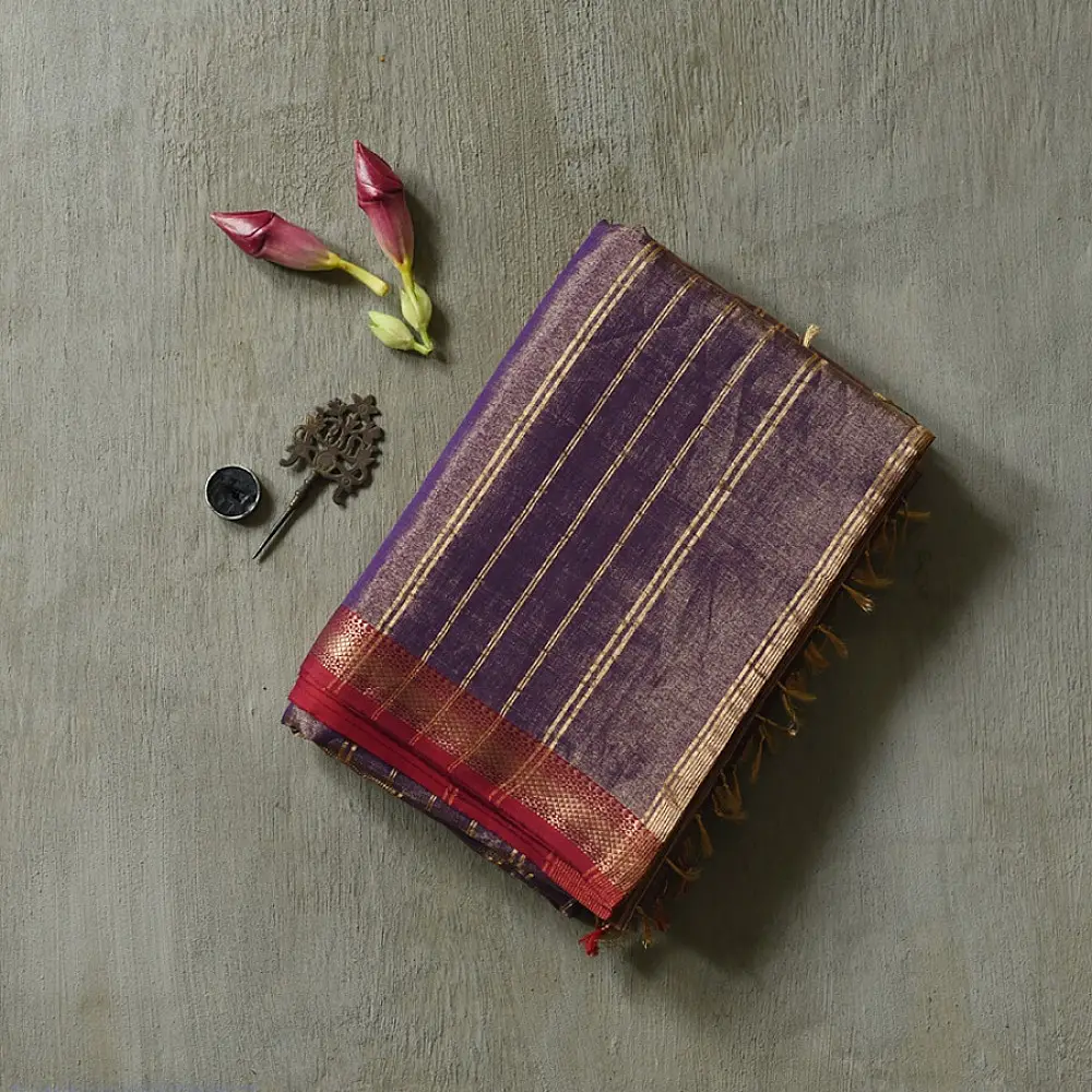 violet and gold handloom maheshwari tissue silk cotton saree with fine striped body and red borders for women