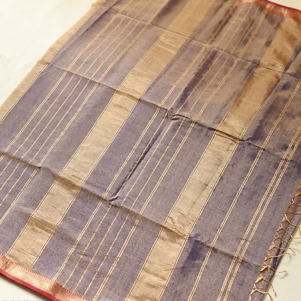 violet and gold handloom maheshwari tissue silk cotton saree with fine striped body and red borders for women