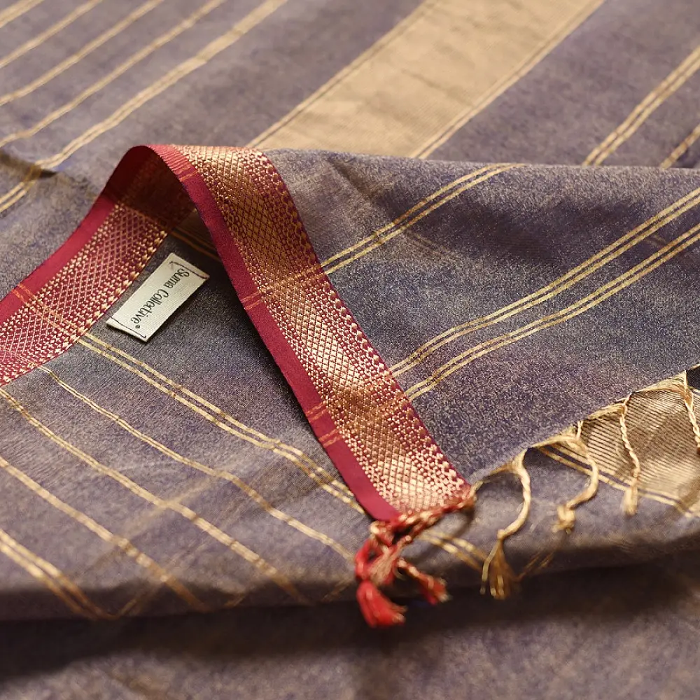 violet and gold handloom maheshwari tissue silk cotton saree with fine striped body and red borders for women