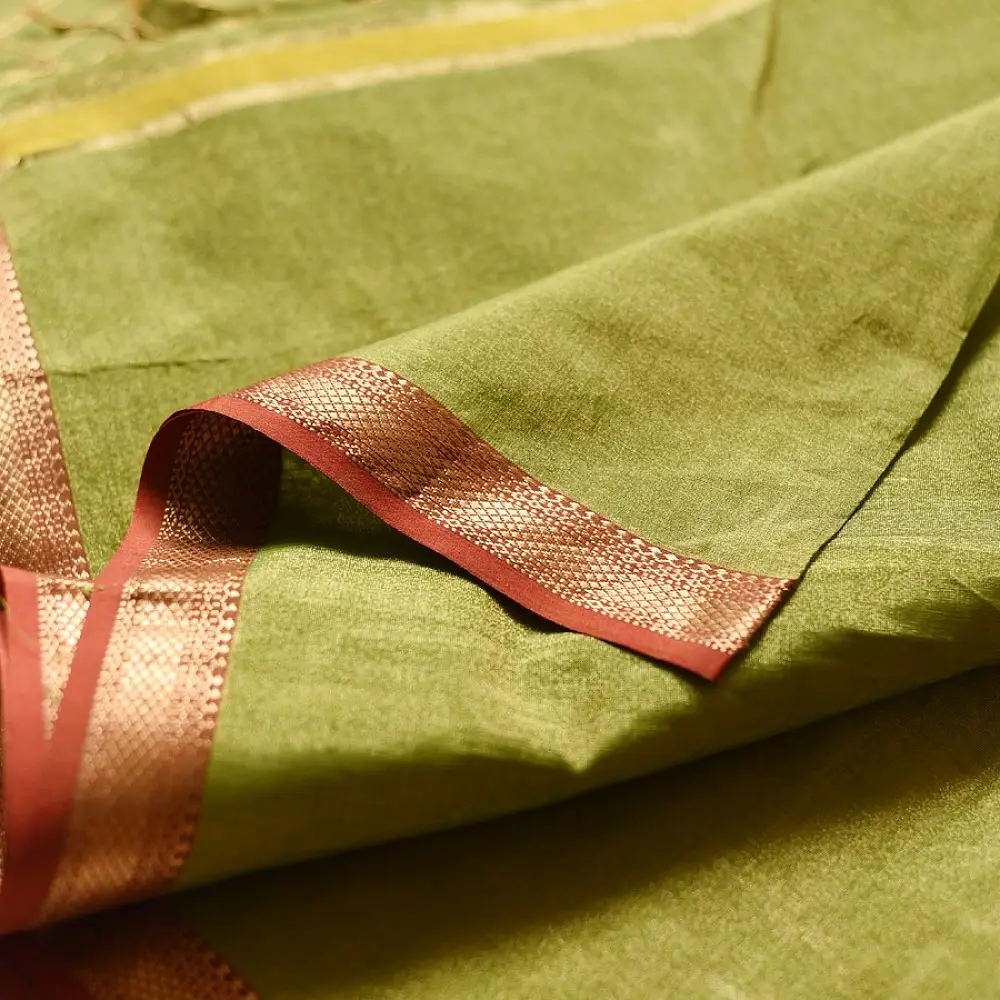 leaf green and gold handloom maheshwari tissue silk cotton saree with fine striped body and red borders for women