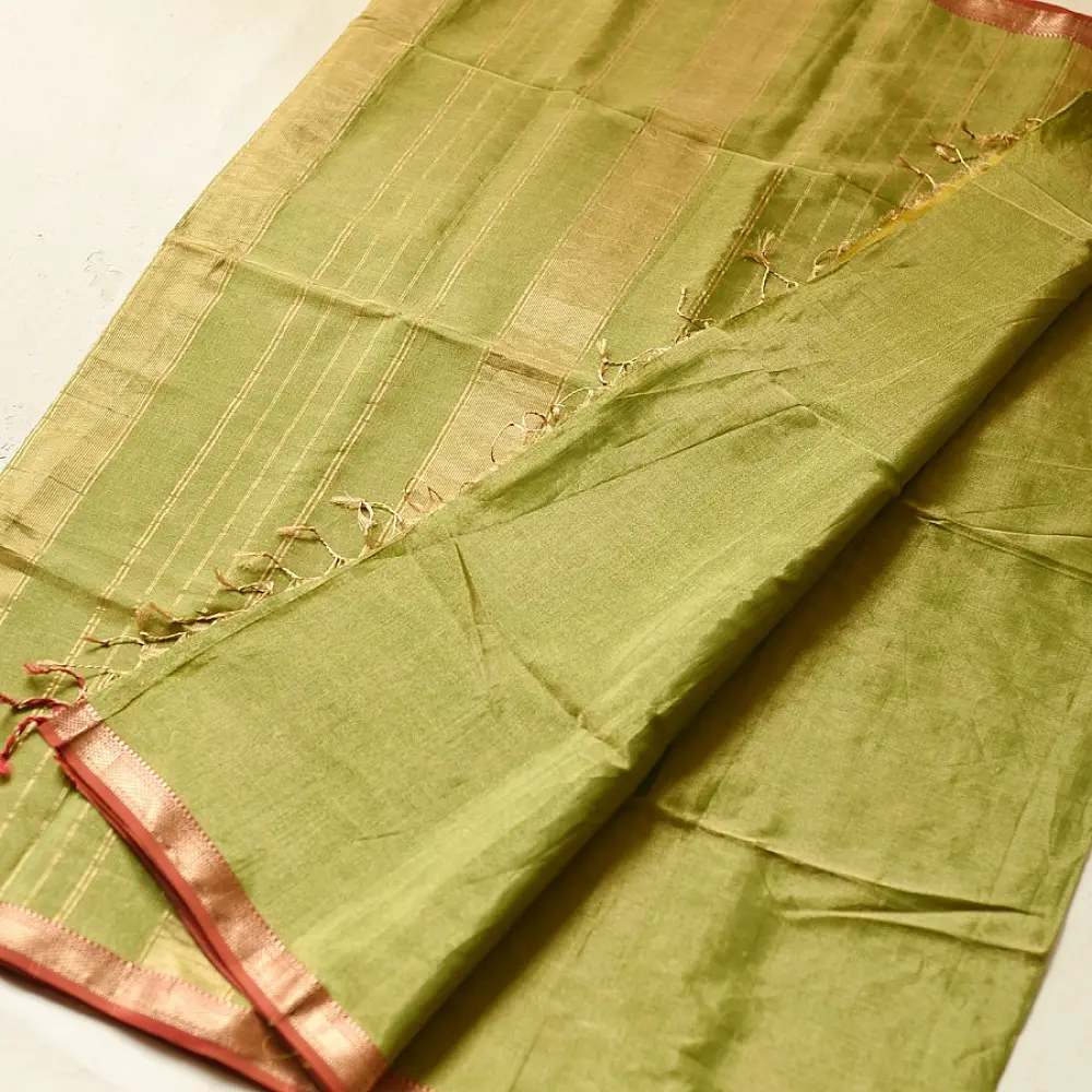 leaf green and gold handloom maheshwari tissue silk cotton saree with fine striped body and red borders for women