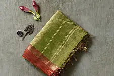 Joon . जून ☽ Handloom Maheshwari Cotton by Tissue Saree - Leaf Green