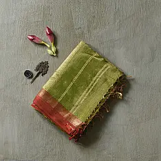 Joon . जून ☽ Handloom Maheshwari Cotton by Tissue Saree - Leaf Green