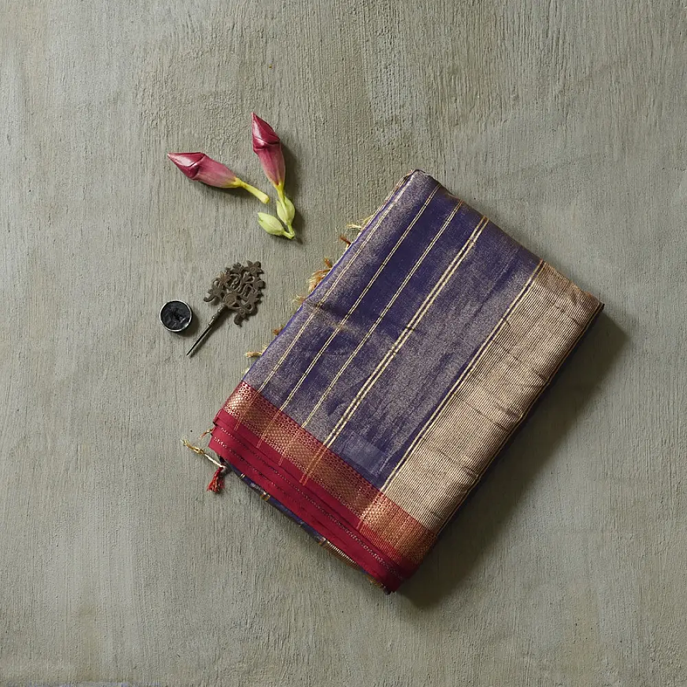 buy Handloom Maheshwari Cotton by Tissue blue Saree