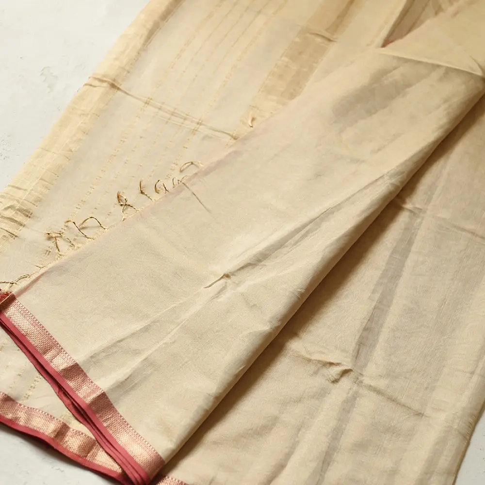buy Handloom Maheshwari Cotton by Tissue Saree - Off White & Golden Zari