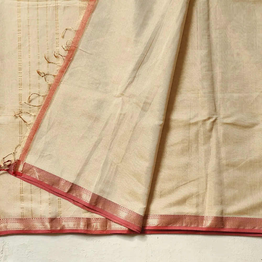 buy Handloom Maheshwari Cotton by Tissue Saree - Off White & Golden Zari