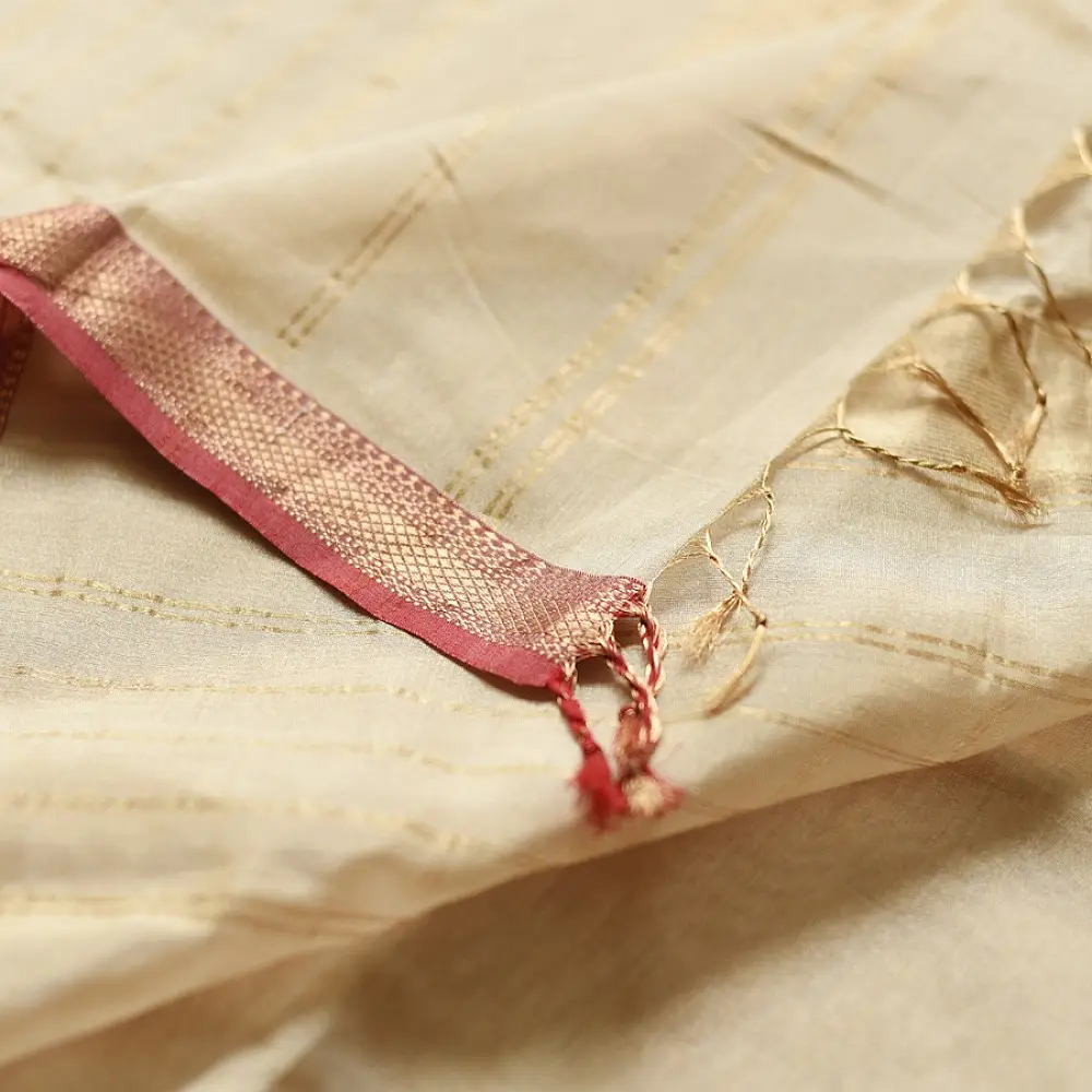 buy Handloom Maheshwari Cotton by Tissue Saree - Off White & Golden Zari