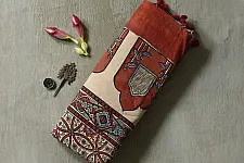 Joon . जून ☽ Handloom Ajrakh Pure Cotton Saree - Red & Off White