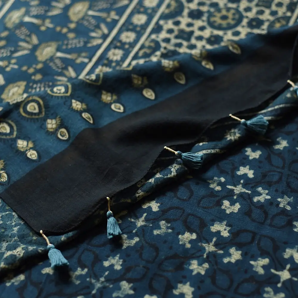 deep teal blue handloom ajrakh pure cotton saree with small yellow polka dot butta block prints for women
