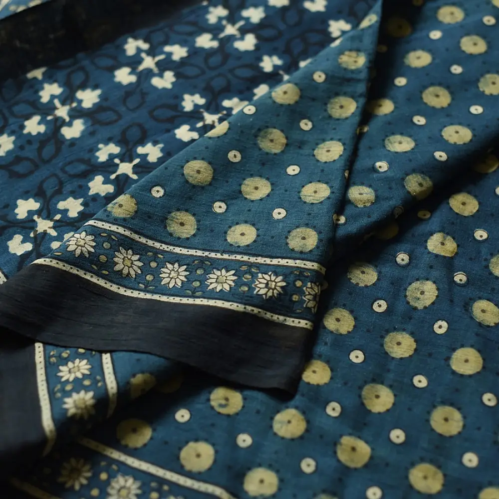 deep teal blue handloom ajrakh pure cotton saree with small yellow polka dot butta block prints for women