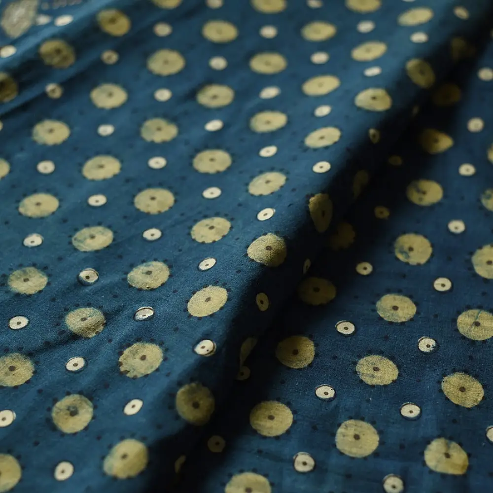 deep teal blue handloom ajrakh pure cotton saree with small yellow polka dot butta block prints for women