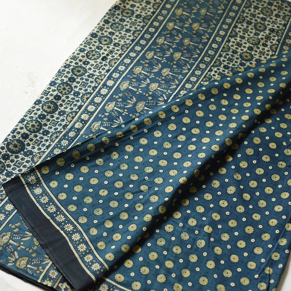 deep teal blue handloom ajrakh pure cotton saree with small yellow polka dot butta block prints for women