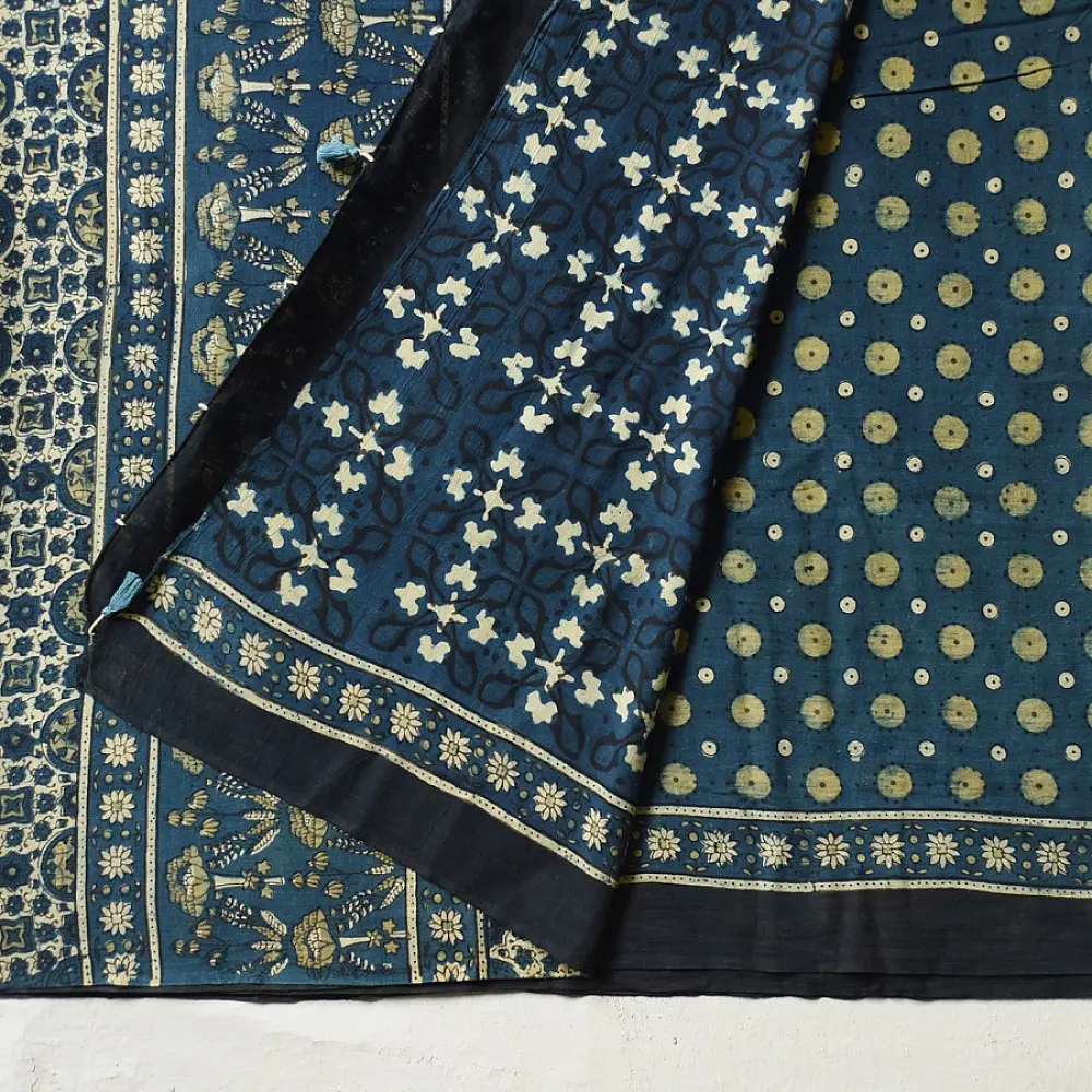 deep teal blue handloom ajrakh pure cotton saree with small yellow polka dot butta block prints for women