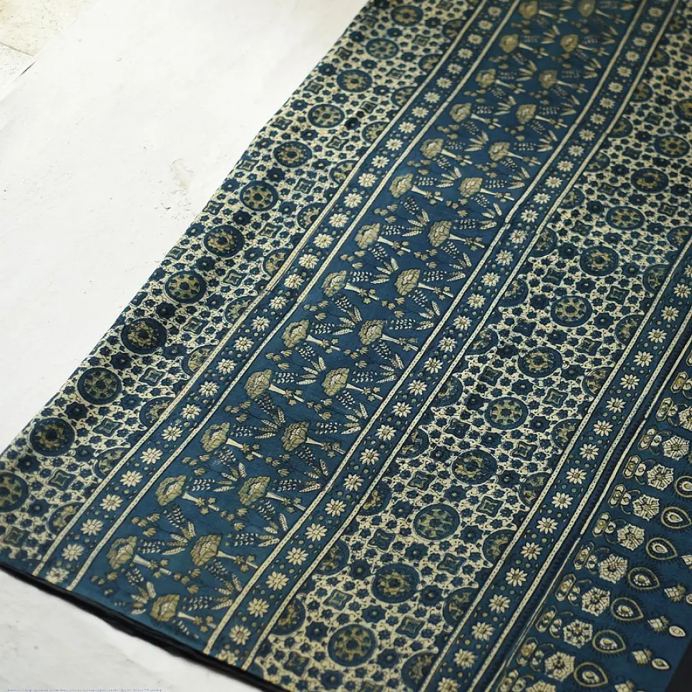 deep teal blue handloom ajrakh pure cotton saree with small yellow polka dot butta block prints for women