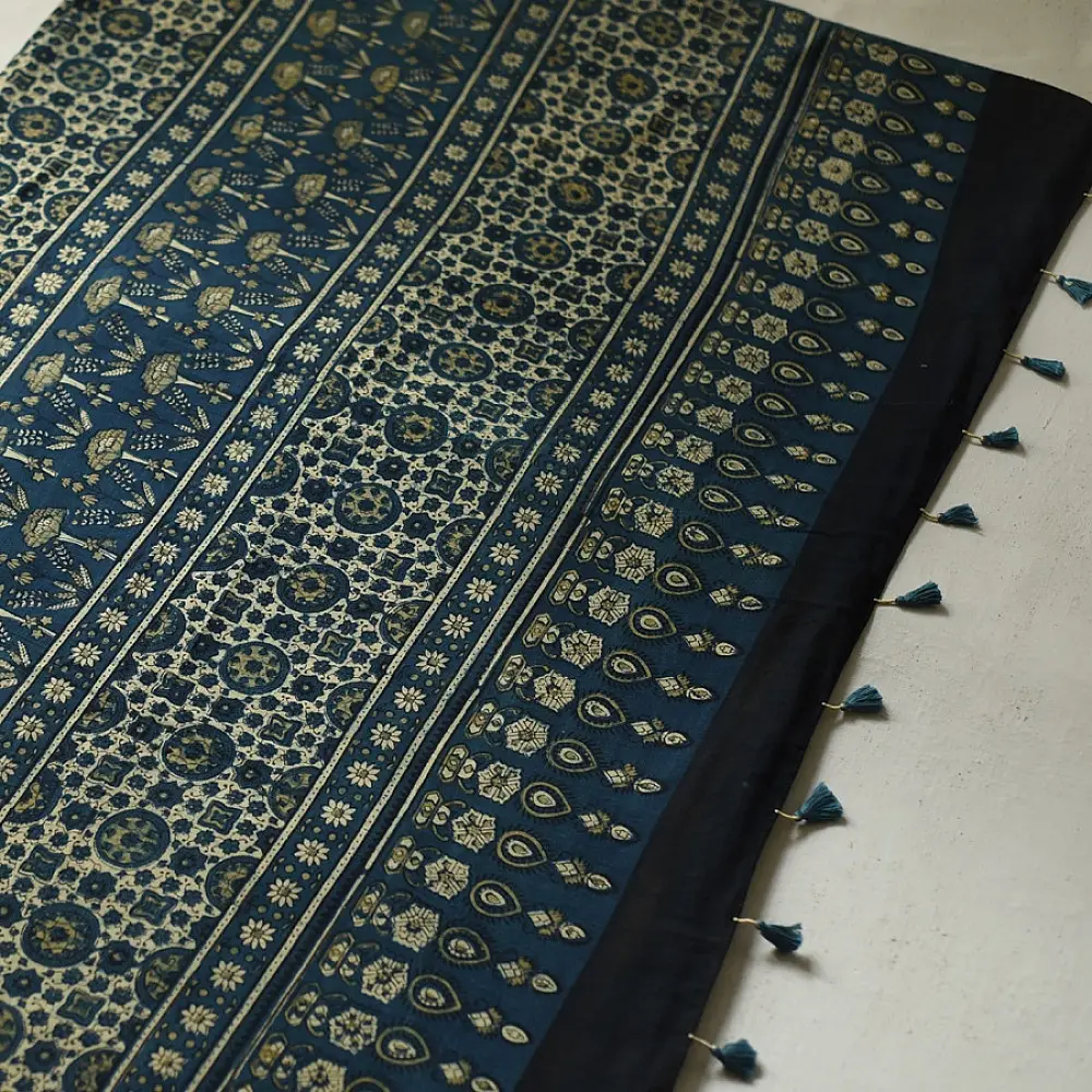 deep teal blue handloom ajrakh pure cotton saree with small yellow polka dot butta block prints for women