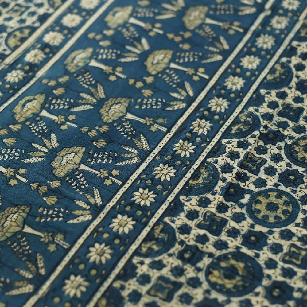 deep teal blue handloom ajrakh pure cotton saree with small yellow polka dot butta block prints for women