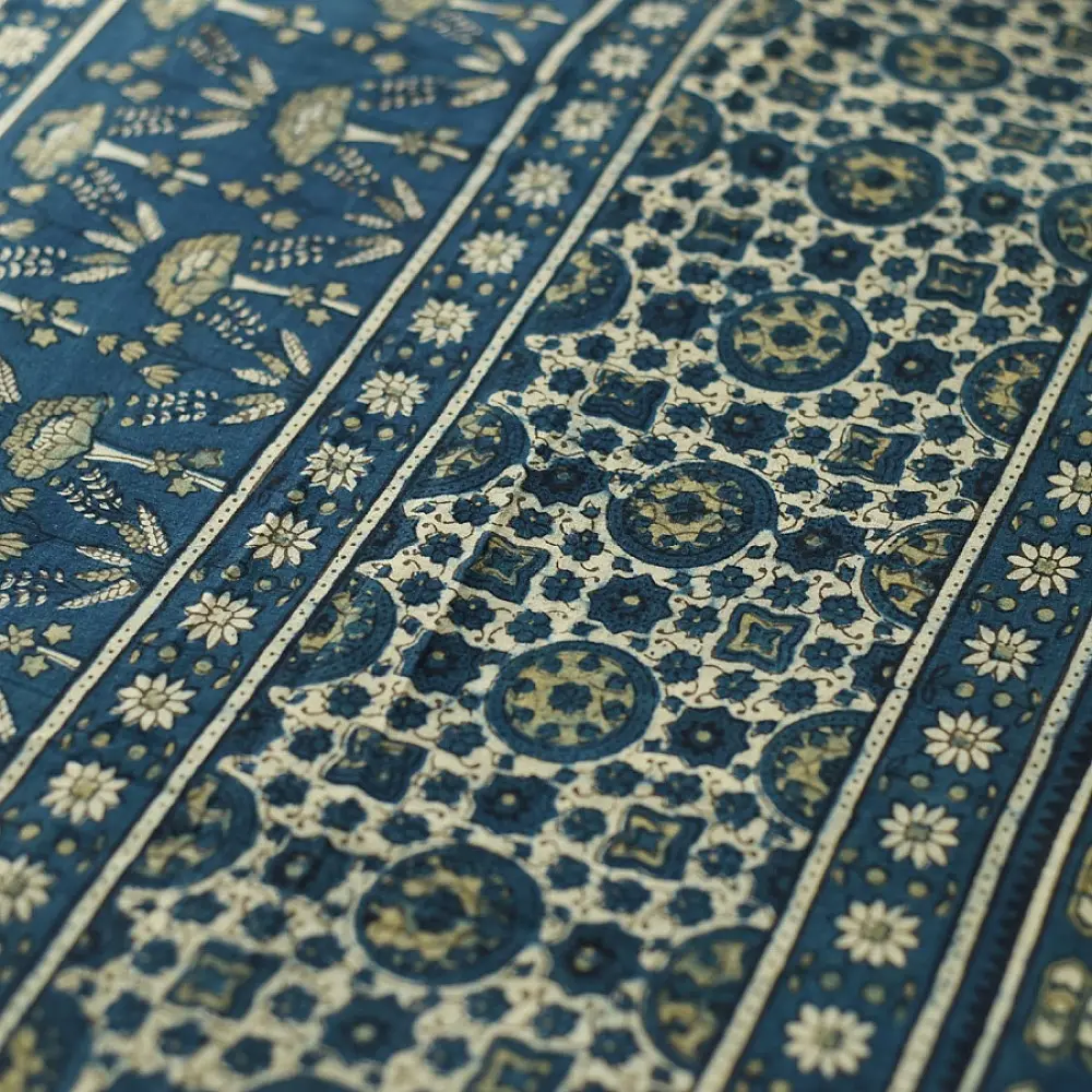 deep teal blue handloom ajrakh pure cotton saree with small yellow polka dot butta block prints for women