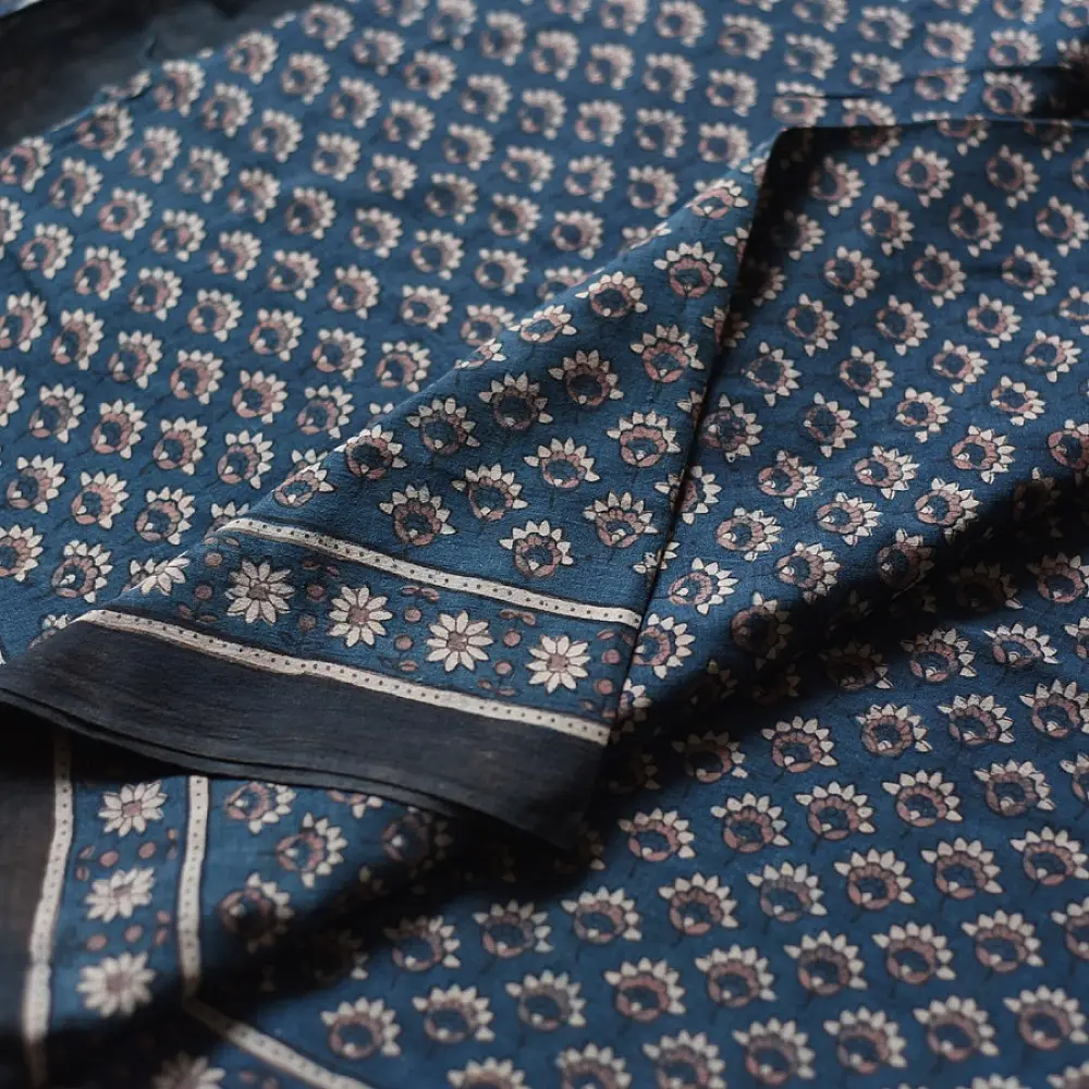 indigo blue handloom ajrakh pure cotton saree with traditional geometric and floral block prints for women