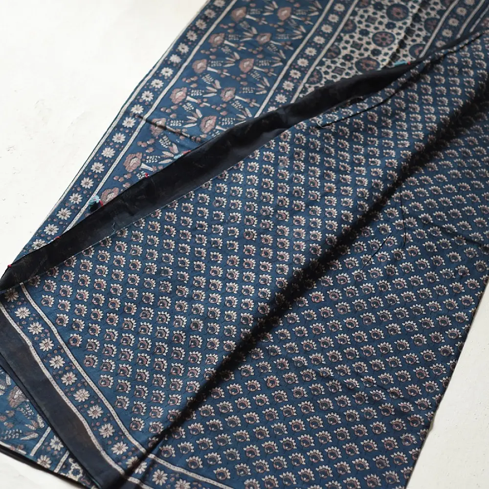 indigo blue handloom ajrakh pure cotton saree with traditional geometric and floral block prints for women