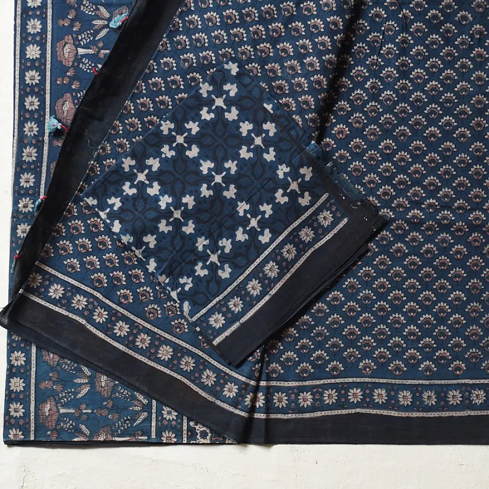 indigo blue handloom ajrakh pure cotton saree with traditional geometric and floral block prints for women