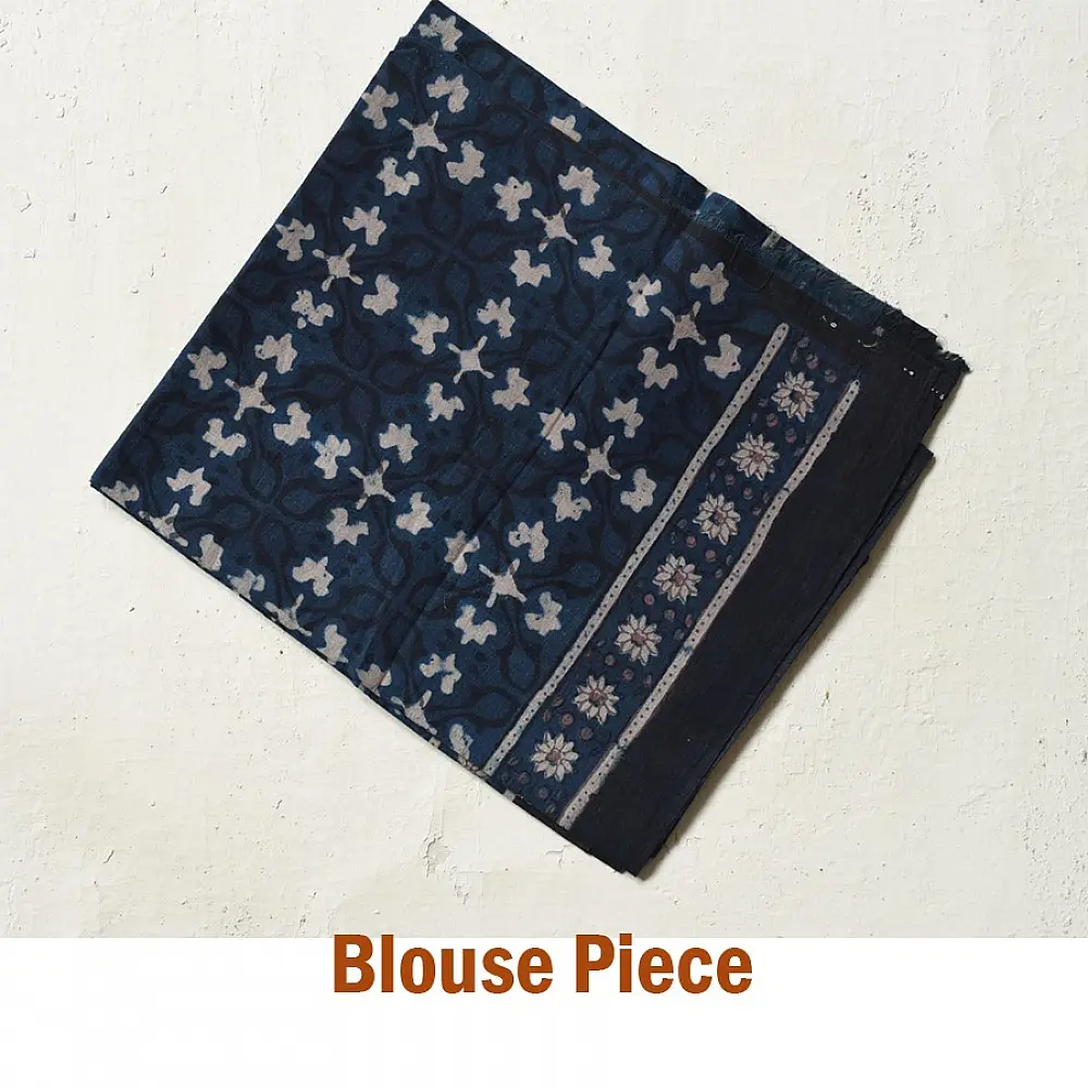 indigo blue handloom ajrakh pure cotton saree with traditional geometric and floral block prints for women