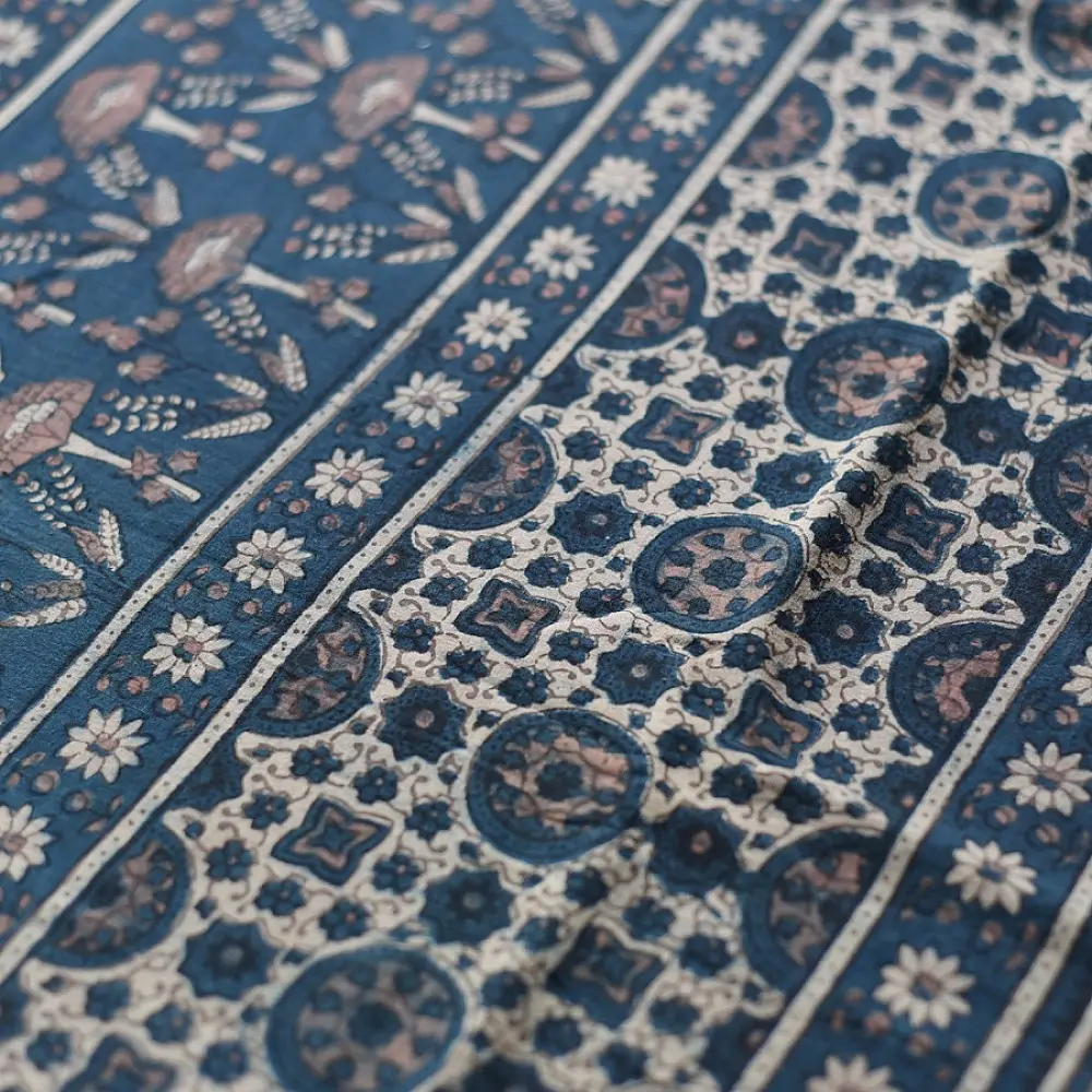 indigo blue handloom ajrakh pure cotton saree with traditional geometric and floral block prints for women