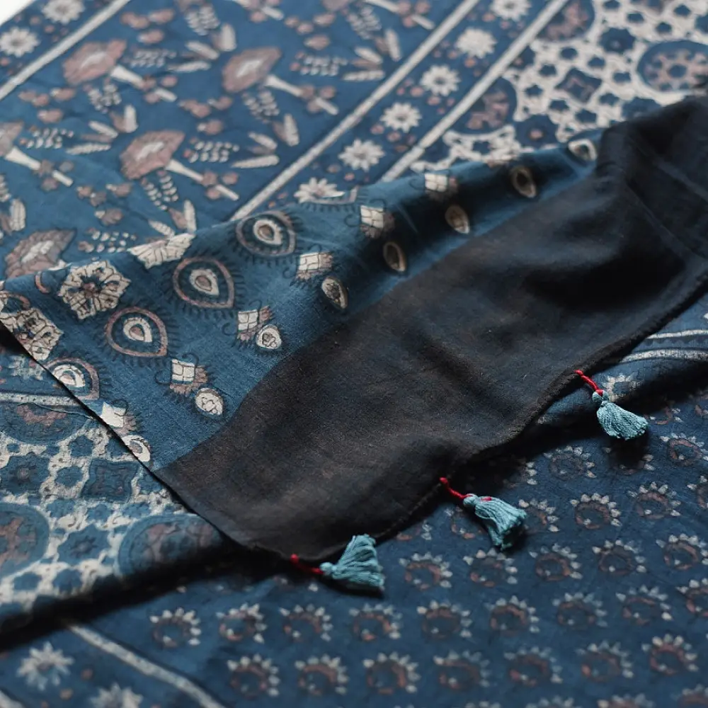 indigo blue handloom ajrakh pure cotton saree with traditional geometric and floral block prints for women