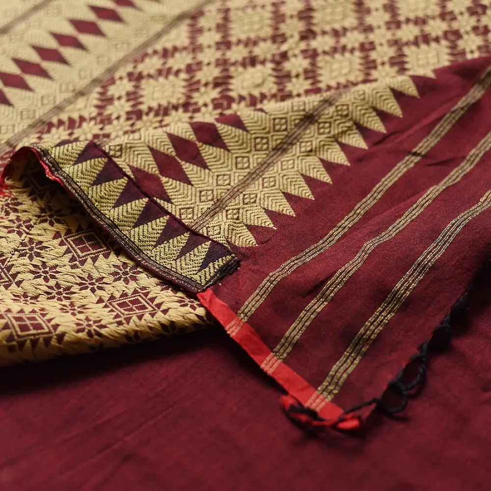 maroon red handloom traditional assam cotton saree with small gold star butta motifs and triangular border weaves for women