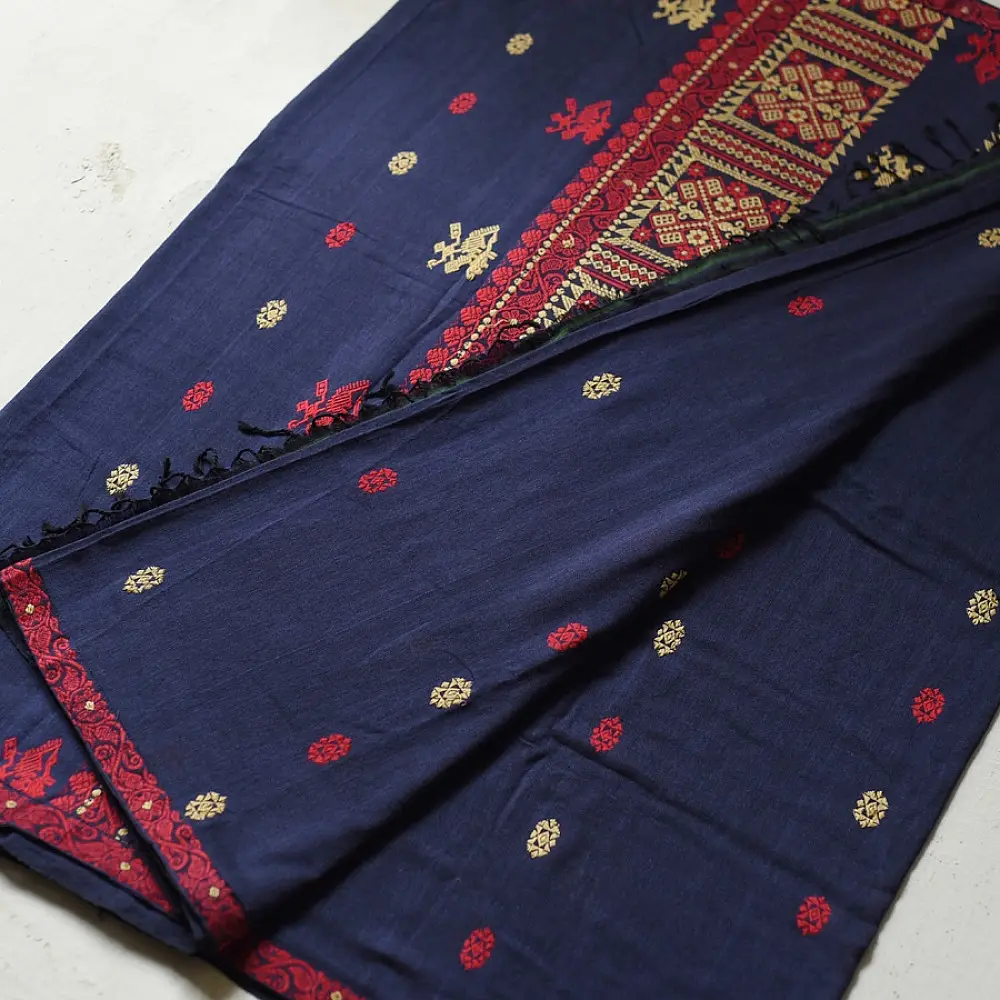 navy blue handloom traditional assam cotton saree with small red and gold butta motifs and woven red borders for women
