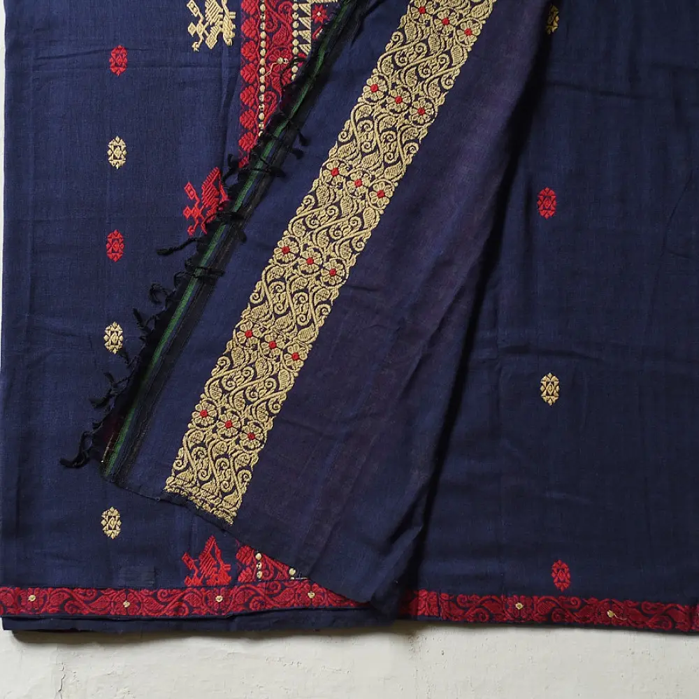 navy blue handloom traditional assam cotton saree with small red and gold butta motifs and woven red borders for women