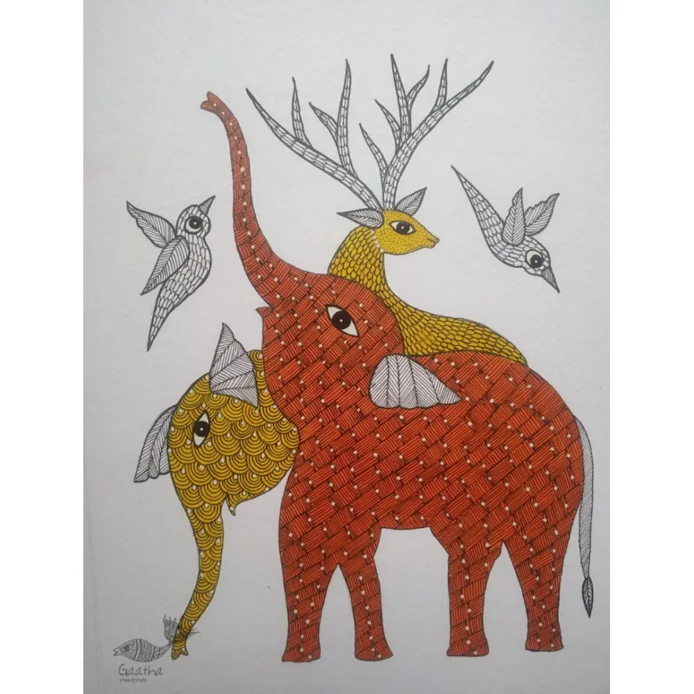 Buy Hand Painted Gond Painting Elephant & Deer