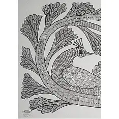Gond Art | Hand Painted Gond Painting ( 11.5 x 15 inch ) - Peacock Black & white
