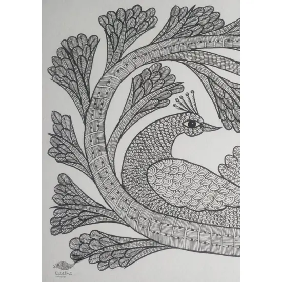 Buy Hand Painted Gond Painting Peacock Black & white 