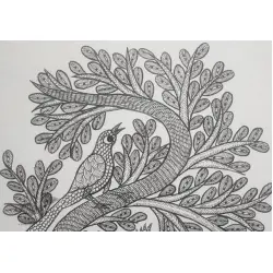 Gond Art | Hand Painted Gond Painting ( 11.5 x 15 inch ) - Black & White