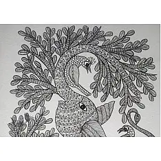 Gond Art | Hand Painted Gond Painting ( 11.5 x 15 inch ) - Elephant Black & White
