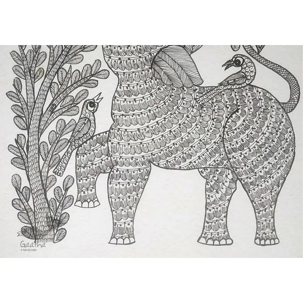 Buy Hand Painted Gond  Painting - Elephant Black & White