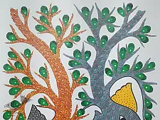 Gond Art | Hand Painted Gond Painting ( 11.5 x 15 inch ) - Grey & Orange Elephants