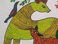 Gond Art | Hand Painted Gond Painting ( 11.5 x 15 inch ) - Deer Family