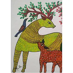 Gond Art | Hand Painted Gond Painting ( 11.5 x 15 inch ) - Deer Family