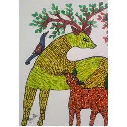 Gond Art | Hand Painted Gond Painting ( 11.5 x 15 inch ) - Deer Family