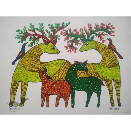 Buy Hand Painted Gond  Painting  - Deer Family