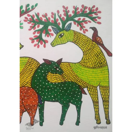 Buy Hand Painted Gond  Painting  - Deer Family