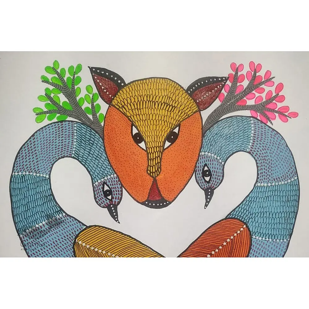 Buy Hand Painted Gond  Painting  - Two Peacock
