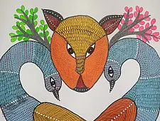 Gond Art | Hand Painted Gond Painting ( 11.5 x 15 inch ) - Two Peacocks