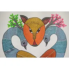 Gond Art | Hand Painted Gond Painting ( 11.5 x 15 inch ) - Two Peacocks