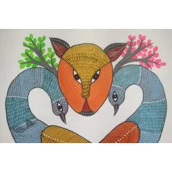 Gond Art | Hand Painted Gond Painting ( 11.5 x 15 inch ) - Two Peacocks