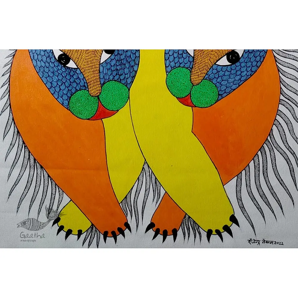 Buy Hand Painted Gond  Painting - Three Tigers