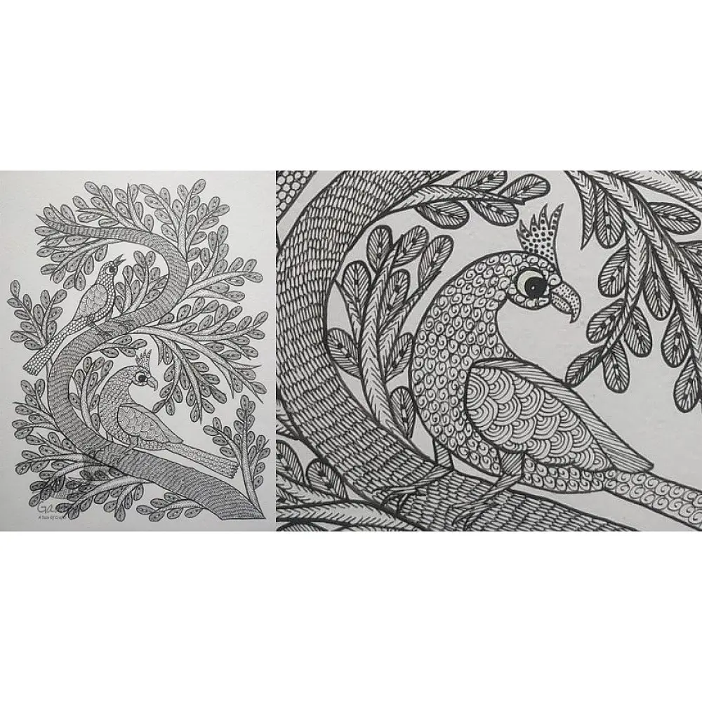 Buy Hand Painted Gond Painting - Black & White 