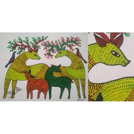 Buy Hand Painted Gond  Painting  - Deer Family