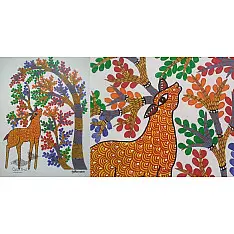 Gond Art | Hand Painted Gond Painting ( 11.5 x 15 inch ) - Deer under the tree